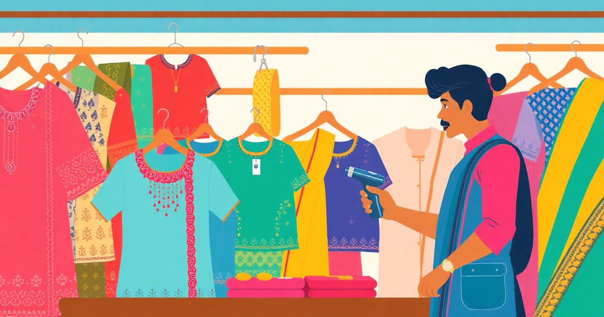 Garment shop with colorful kurtas and barcode scanner