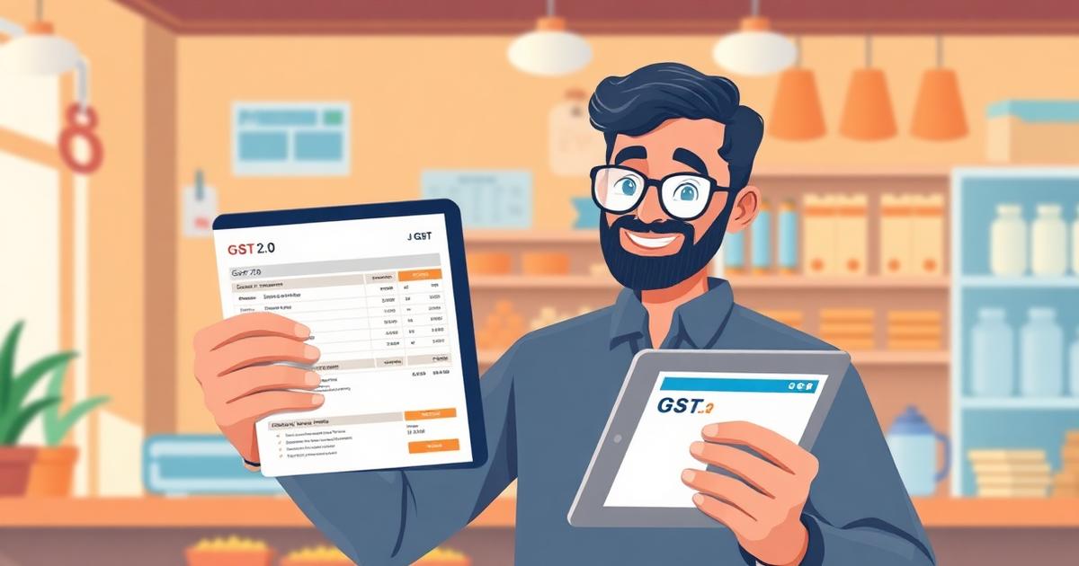 Indian shop owner showing GST 2.0 invoice on tablet