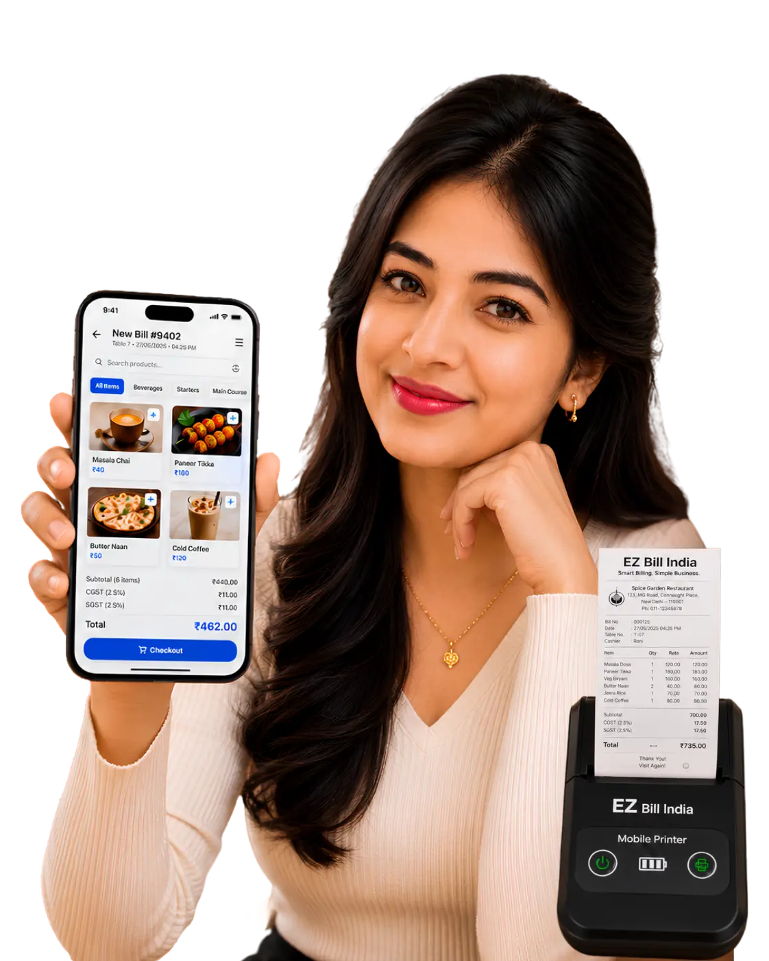 Restaurant captain using EZ Bill India billing app on tablet with KOT printing and table management for dine-in customers