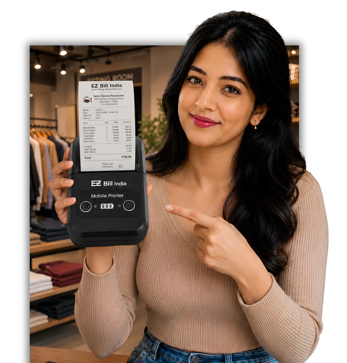 Garment shop owner using EZ Bill India billing software with size color matrix and barcode billing for clothing store