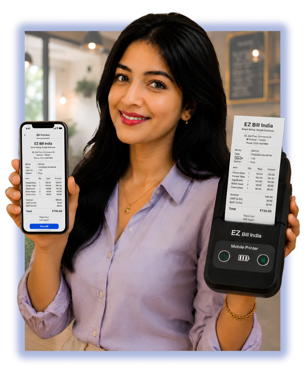 Kirana shop owner using EZ Bill India billing app on mobile with thermal printer printing a GST bill in Hindi