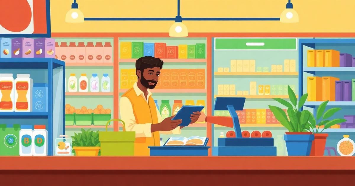 Kirana store counter with billing tablet and packaged goods