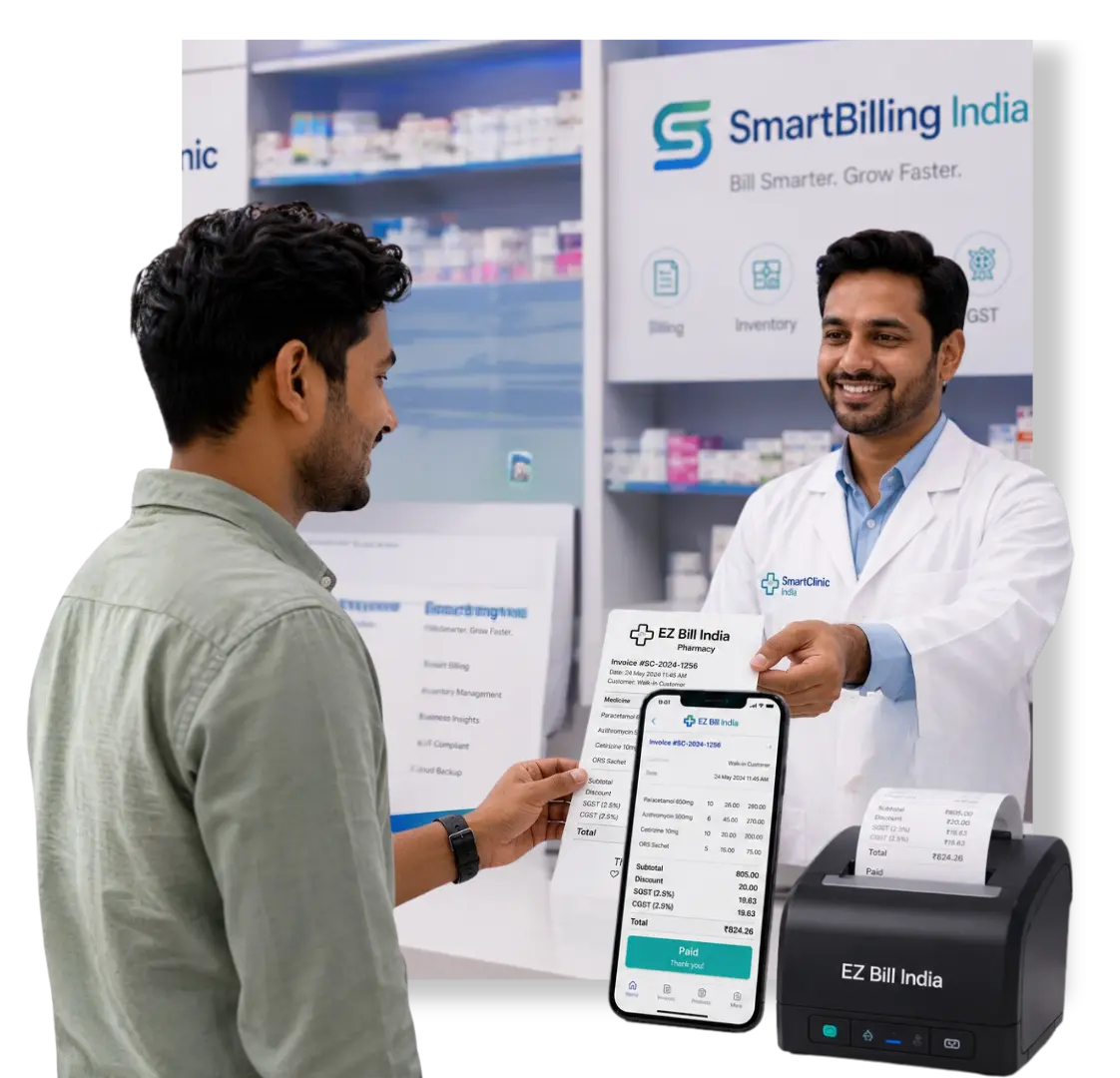 Pharmacist using EZ Bill India billing software for medical store with batch and expiry tracking and GST invoice
