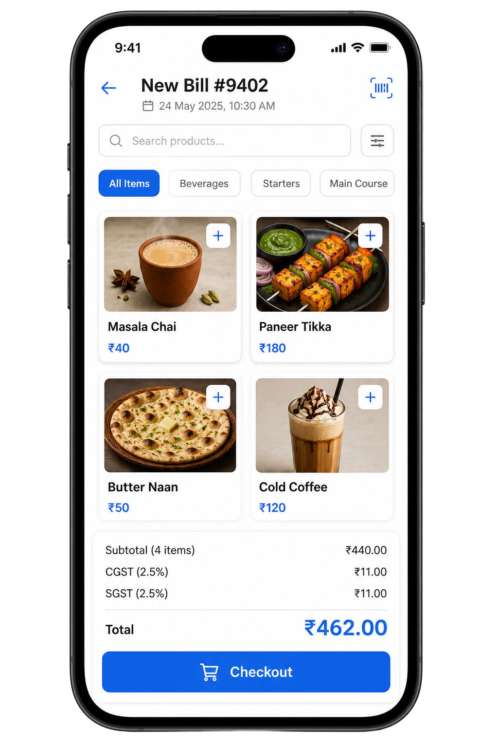 EZ Bill India POS billing app on mobile showing GST invoice with CGST, SGST and total in rupees